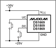 Figure 4. A digital pot floating between +25V and +30V with internally debounced switches.