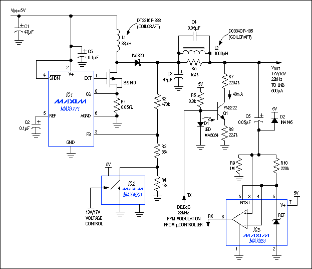 Figure 1. Designed for the low-noise block in a satellite receiver, this DiSEqC-compatible power supply communicates data by toggling its supply voltage between 13V and 17V.