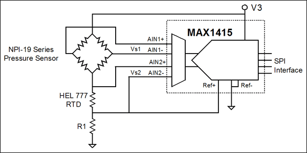 圖8. 用單個電阻作為基準的簡單電路測量溫度和壓力