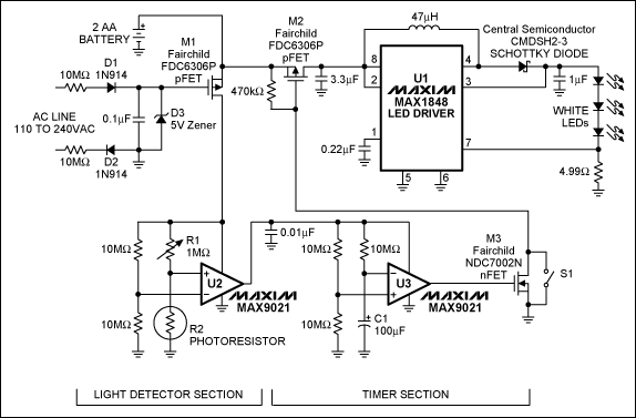 Figure 1. When AC power is lost, this emergency-lighting system automatically provides 10 minutes of illumination from a string of white LEDs.