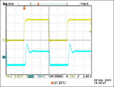 Figure 5B. Voltage at the D2 rectifier cathode with a snubber (R5=150Ω; C10=330 pF). (CH1= Voltage waveform at EXT/pin 8 of MAX1856; CH2= cathode of rectifier D2).