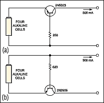 Figure 2. Because its forward drop is lower, a high-side pnp transistor (a) offers better reverse-current protection than does a diode. Better yet is a low-side npn transistor (b) whose higher beta means a lower base current and lower power loss.