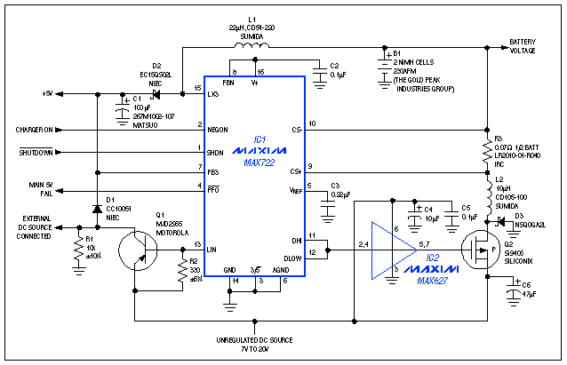 Figure 1.Suitable for palmtop computers and other portable systems, this power supply can recharge the battery while maintaining an uninterrupted 5V VCC.