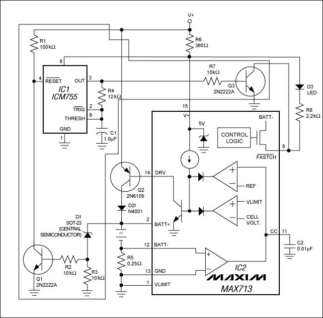 Figure 1. The shaded components in this NiCd (or NiMH) battery charger cause the LED to flash during trickle charges.