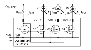 Figure 7. Simplified diagram of MAX1916 LED current mirrors.