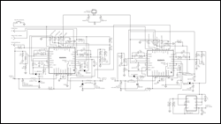 圖10. 多DSL (VDSL/ADSL)電源管理。輸入：5.5V至7V, 輸出: VOUT1 = 1.2V/1.5A, VOUT2 = 1.8V/1A, VOUT3 = 3.3V/1A, VOUT4 = 12.8V/200mA。每個變換器的開關頻率為2.2MHz，組合開關頻率相當于8.8MHz。開關頻率與系統時鐘同步。