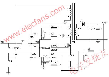 PWM controller + MOSFET實現FLYBACK 示意圖 www.qldv.cn