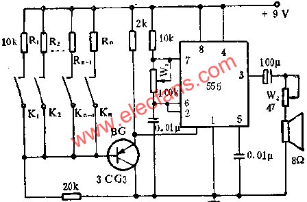 時基集成電路組成簡易電子琴線路圖 www.qldv.cn