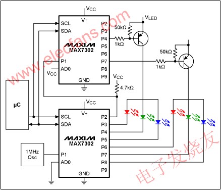 利用兩片MAX7302實現PWM亮度分層控制 www.qldv.cn