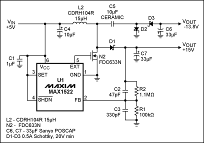 Figure 1. This single-inductor, 200mA power supply derives +15V/-14V from +5V. www.qldv.cn