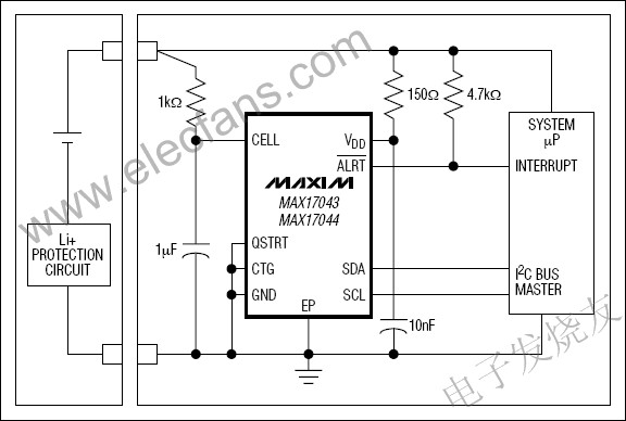 MAX17043, MAX17044 低成本1S/2S電量計 www.qldv.cn