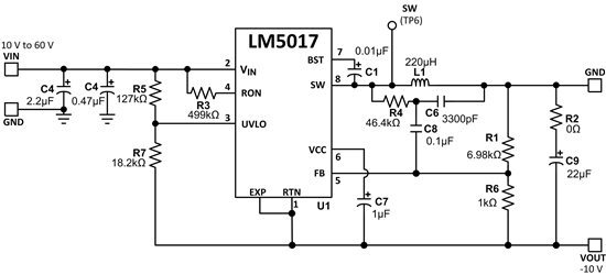  10V~60V 輸入至 -10V 輸出、300mA 反相升降壓應用電路