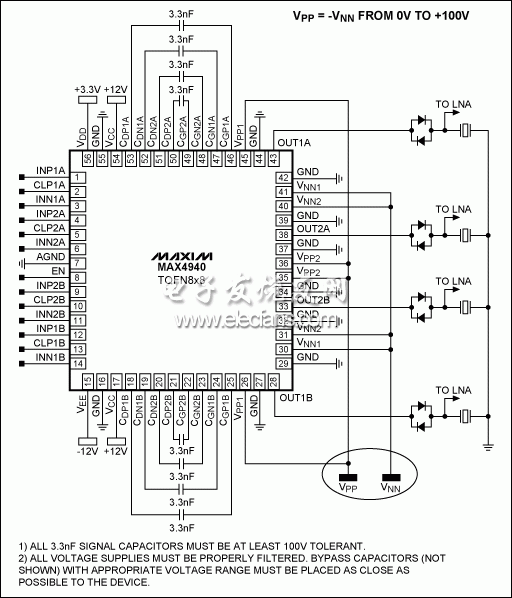 圖3。 MAX4940四的典型應用電路，雙極數字脈沖發生器。