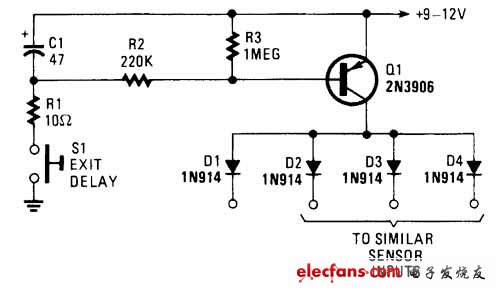 簡(jiǎn)易延時(shí)防盜報(bào)警器電路