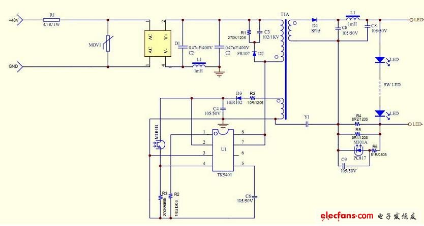 5W的LED驅動電源原理圖