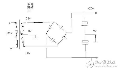 不用兩個(gè)整流橋。用一個(gè)即可，把2個(gè)18伏交流接到整流橋的交流輸入端，把變壓器抽頭0伏接地線（線路板的地線），整流橋直流輸出+ -端接電容器濾波，電容器2個(gè)串聯(lián)之后正極接整流橋正極+，電容器負(fù)極接整流橋負(fù)極-，2個(gè)串聯(lián)的電容器中間引出一根線接地線，也就是雙18伏交流的抽頭。這樣就可以在直流輸出端得到正負(fù)20伏的雙電源了。