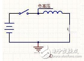 下面是正壓發生器，你不停地扳動開關，從輸入處可以得到無窮高的正電壓。電壓到底升到多高，取決于你在二極管的另一端接了什么東西讓電流有處可去。如果什么也不接，電流就無處可去，于是電壓會升到足夠高，將開關擊穿，能量以熱的形式消耗掉。