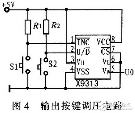 X9313為工業級的32抽頭數控電位器，最大阻值為10 kΩ，采用8引腳，有DIP、OIC、FSSOP 3種封裝。X9313的內部功能框圖，如圖3所示。它由輸入部分、5位E2PROM、存儲和調用電路、32選l譯碼器、由MOS場效應管構成的32路模擬開關、電阻陣列6部分組成。其中輸入部分是5位加／減計數器經過三線加／減式接口（）與單片機相連，其工作像一個升／降計數器，輸出經譯碼，控制接通某個電子開關，這樣就把電阻陣列上的一個點連接到滑動輸出端。